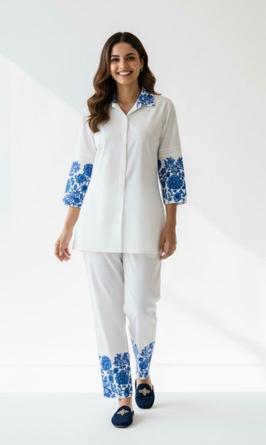 White - Blue Floral Embroidered Co-Ord Set