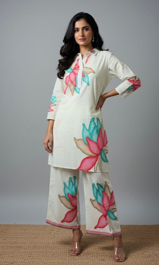White Floral Kurta Palazzo Co-Ord Set