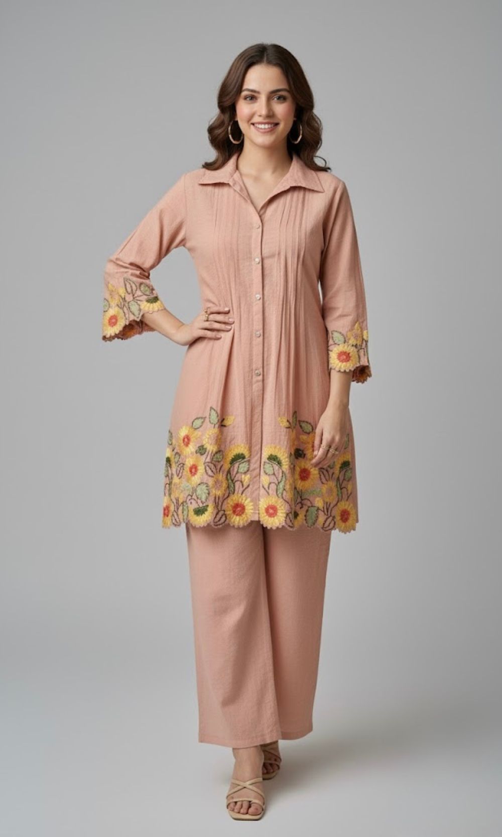 Peach Cream  Floral Embroidered Pleated Kurta palazzo Co-ord set