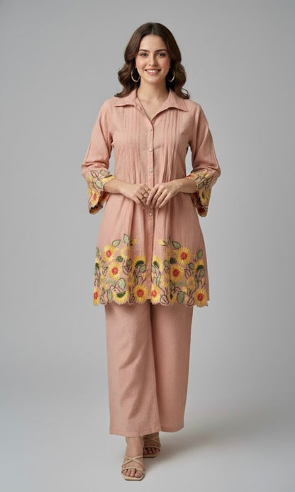 Peach Cream  Floral Embroidered Pleated Kurta palazzo Co-ord set