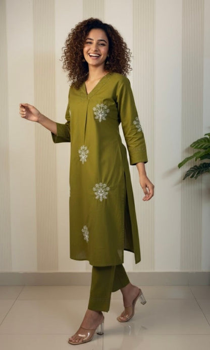 Olive Green Cotton Embroidered Kurta Palazzo Co-ord Set with V-Neckline