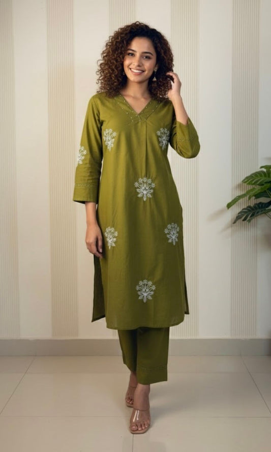 Olive Green Cotton Embroidered Kurta Palazzo Co-ord Set with V-Neckline