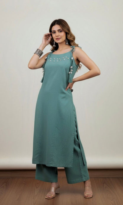 Coral Spaghetti Pattern Kurta Palazzo Co-ord Set