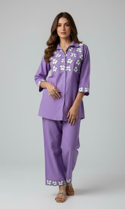 Lavender Co-Ord Set with White Floral Embroidery