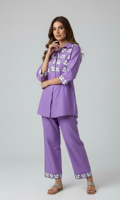 Lavender Co-Ord Set with White Floral Embroidery