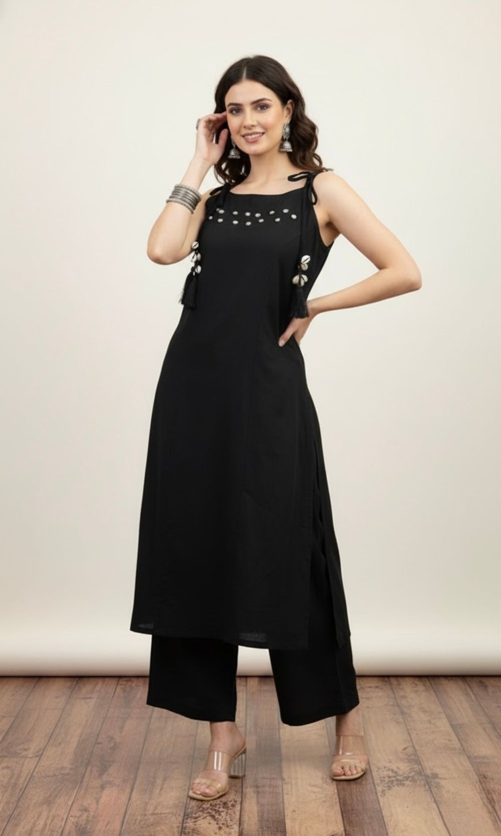Black Spaghetti Pattern Kurta Palazzo Co-ord Set