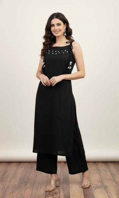 Black Spaghetti Pattern Kurta Palazzo Co-ord Set