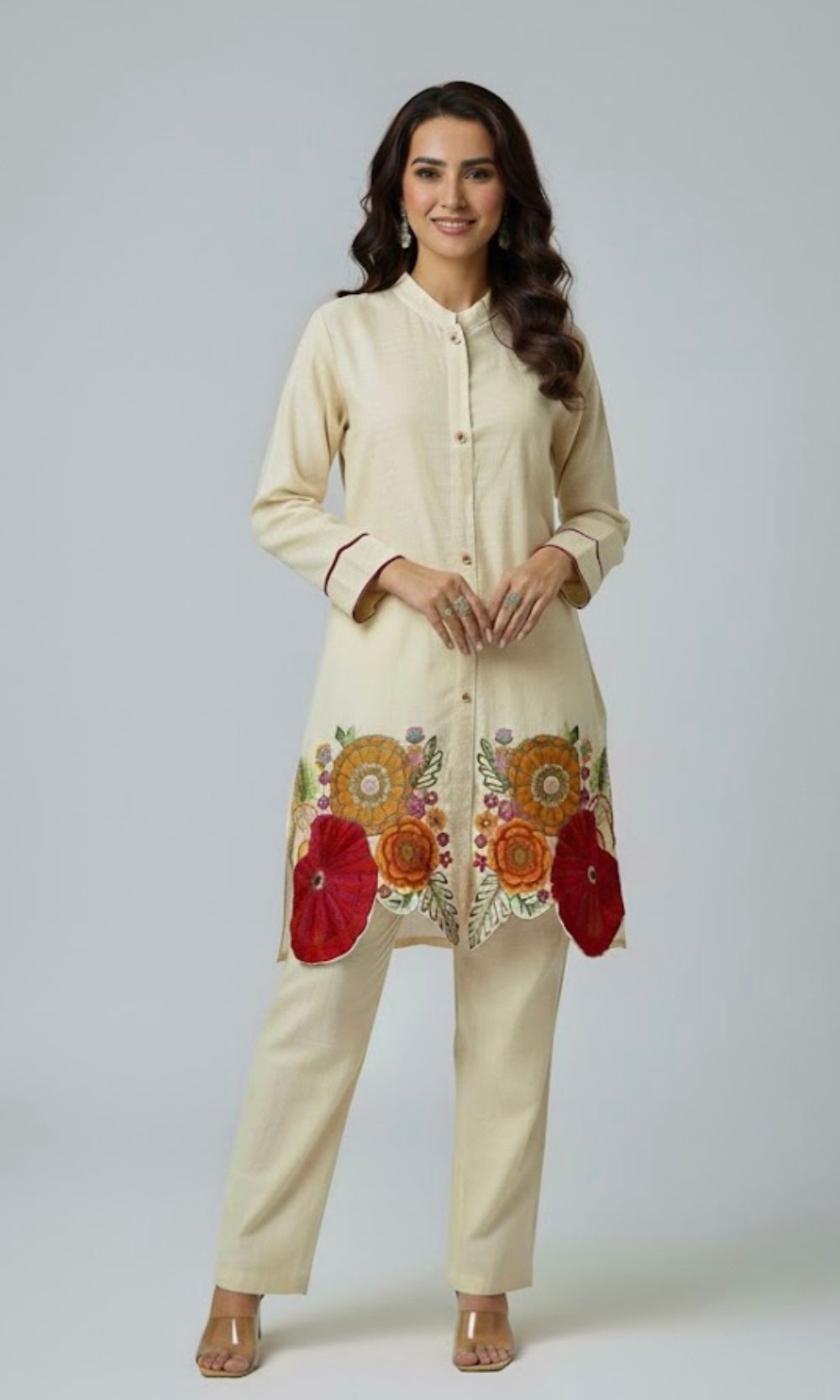 Off White Kurta Palazzo Co-Ord Set with Multi Coloured Floral Embroidery