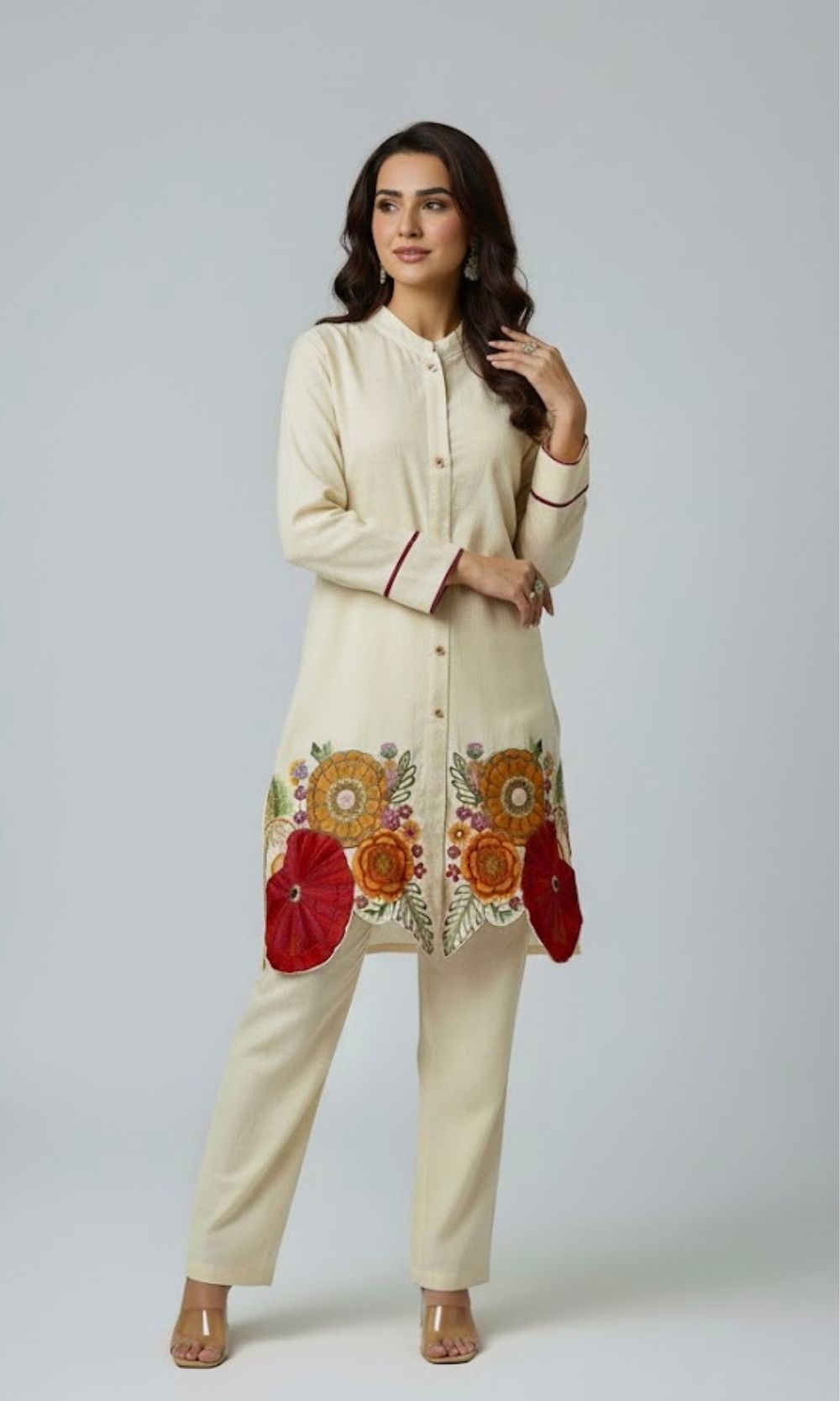 Off White Kurta Palazzo Co-Ord Set with Multi Coloured Floral Embroidery