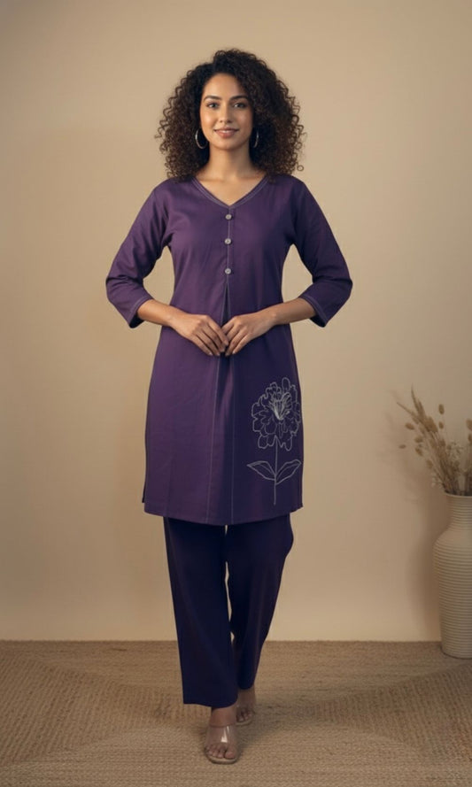 Violet Minimal Floral Embroidery Co-Ord Set