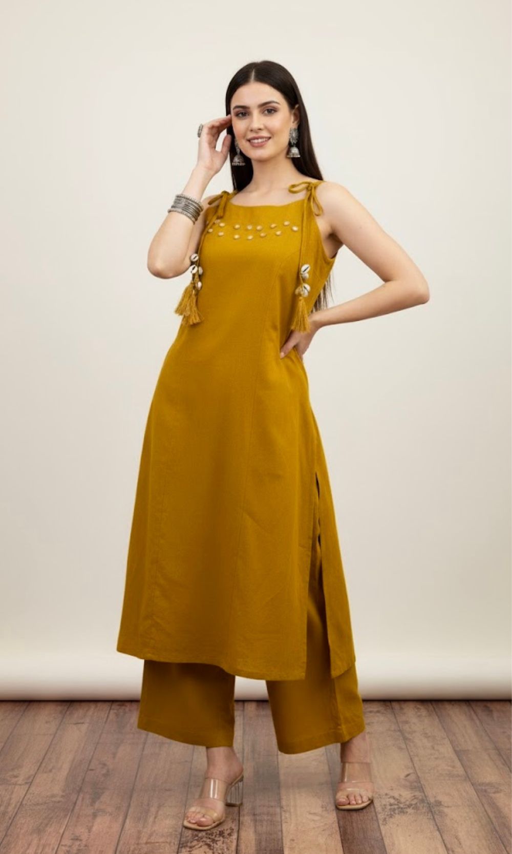 Mustard Yellow Spaghetti Pattern Kurta Palazzo Co-ord Set