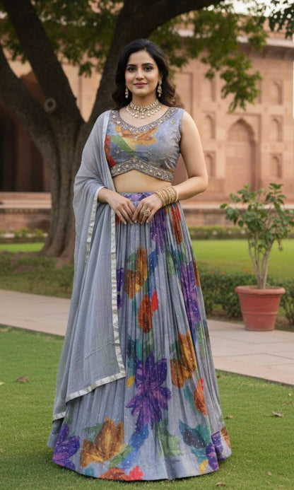 Gray Floral Print Embroided Lehenga Set