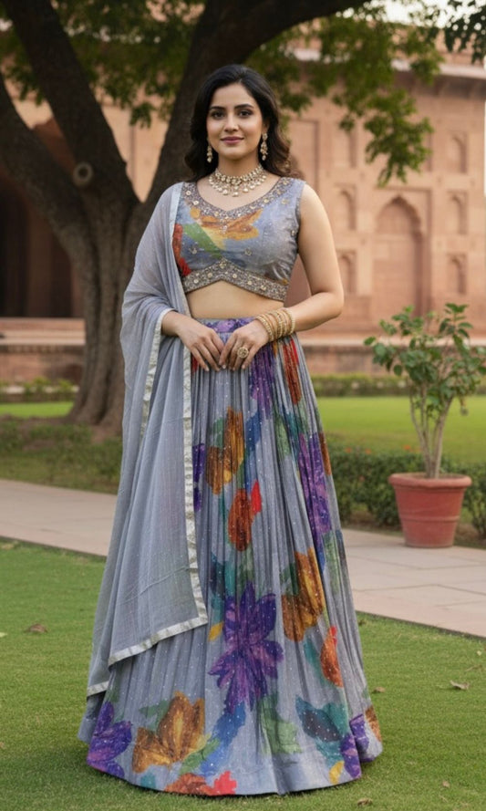 Gray Floral Print Embroided Lehenga Set