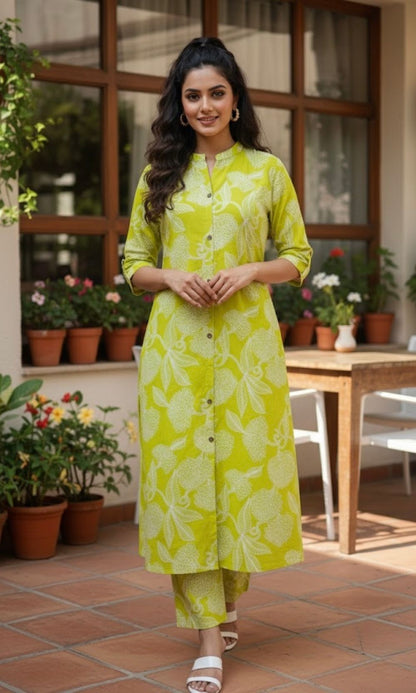 Lime Yellow Floral Kurta Palazzo Co-ord Set