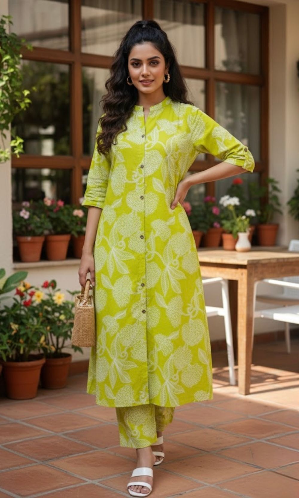 Lime Yellow Floral Kurta Palazzo Co-ord Set
