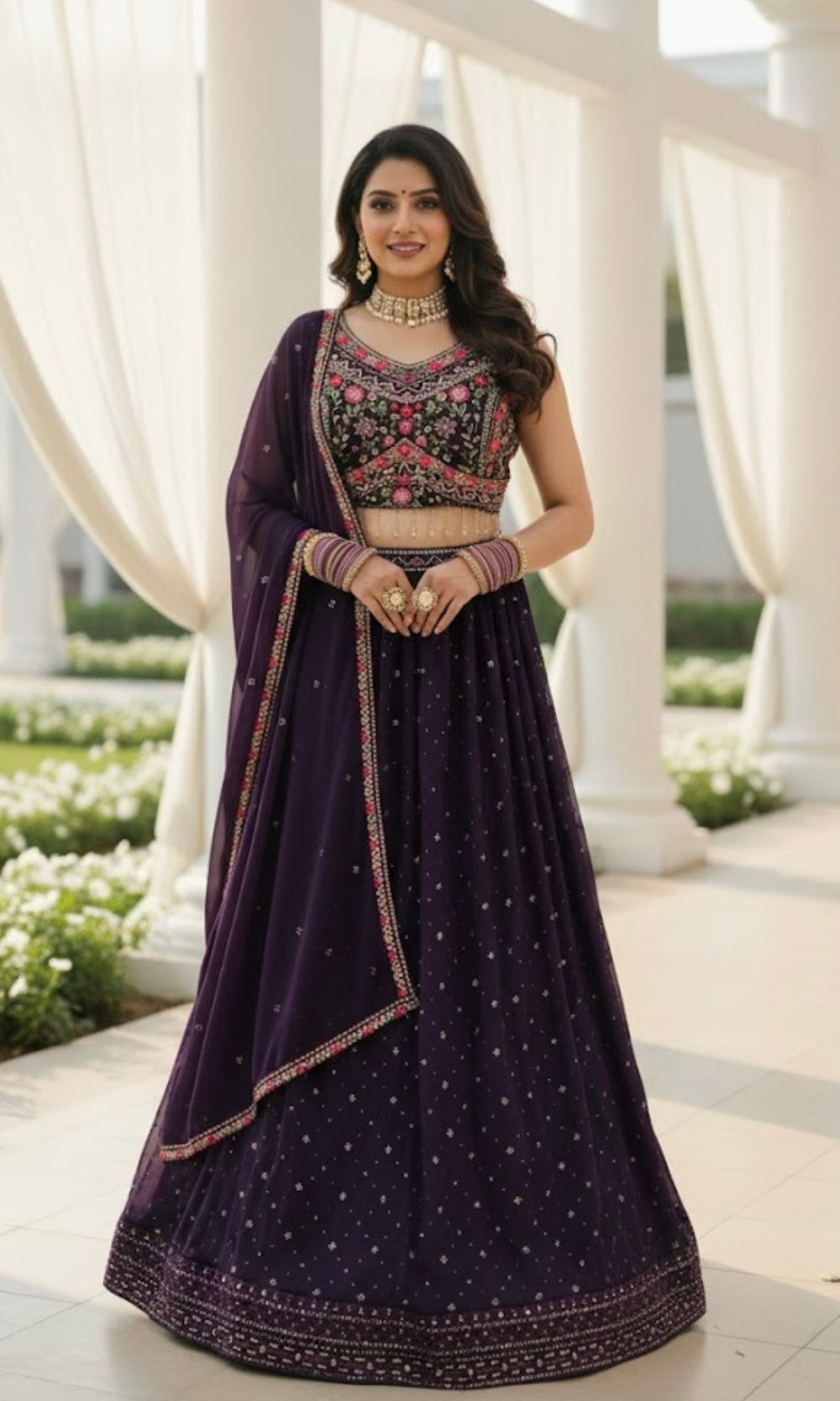 Deep-Purple Georgette Lehenga Set