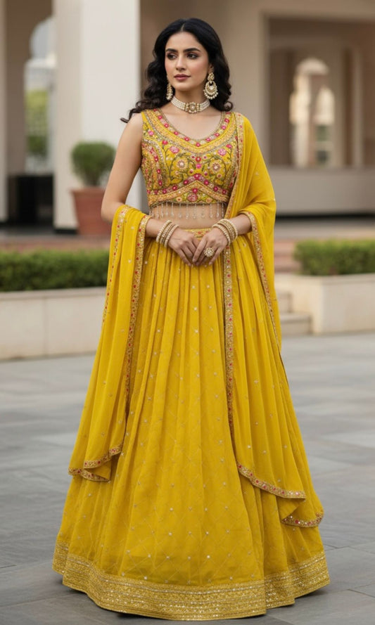 Yellow Georgette Pleated Lehenga Set