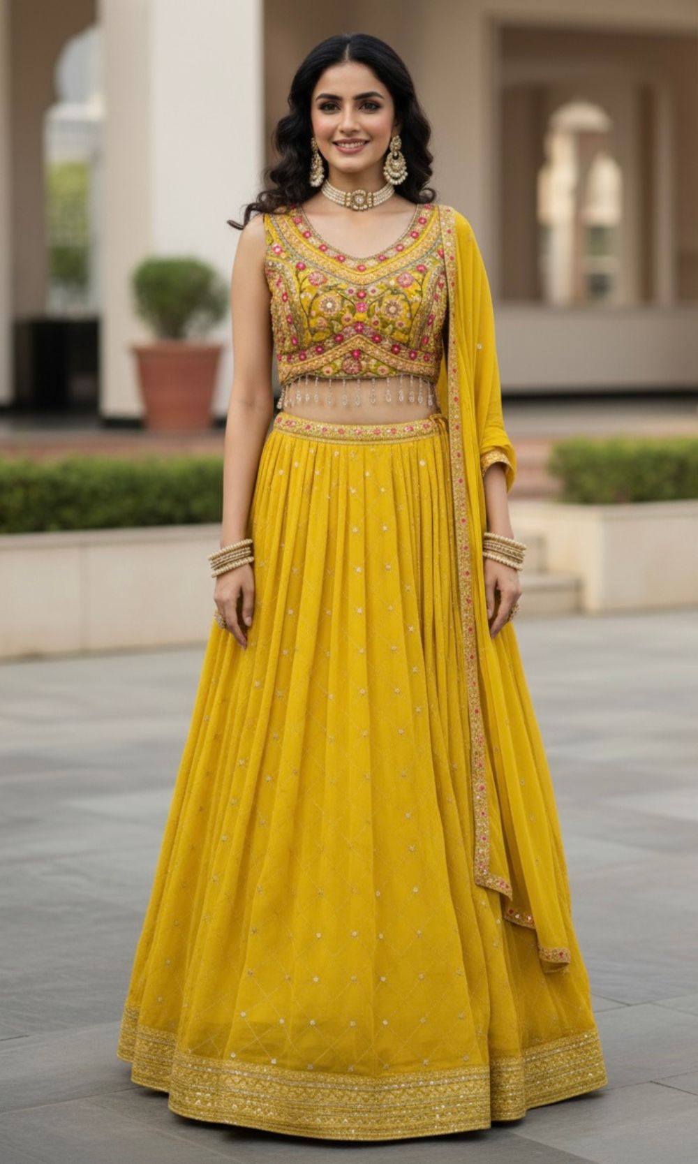 Yellow Georgette Pleated Lehenga Set