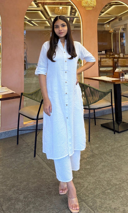 White Cotton Kurta Palazzo Co-ord Set with Button Detailing