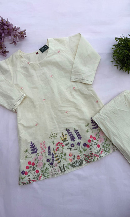 White Kurta Palazzo Co-ord Set with Floral Embroidery