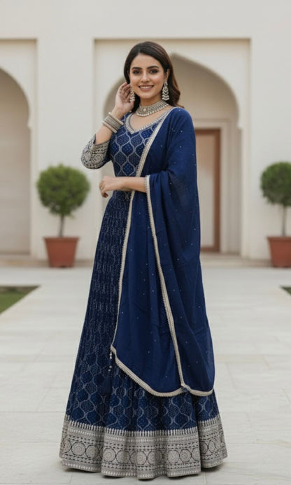 Dark-Blue Embroidered Lehenga Set