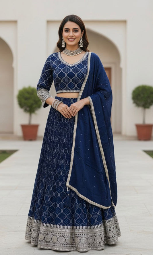 Dark-Blue Embroidered Lehenga Set