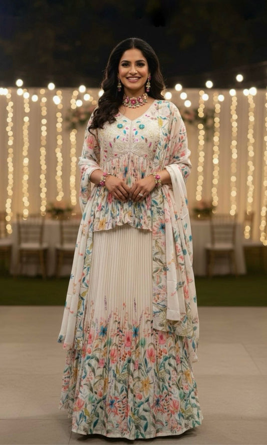 Off-White Floral Anarkali Lehenga Set