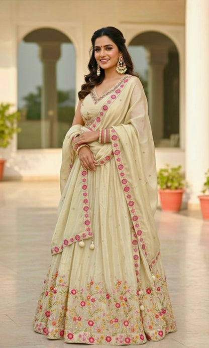 Pearl-White Floral Embroidered Lehenga Set