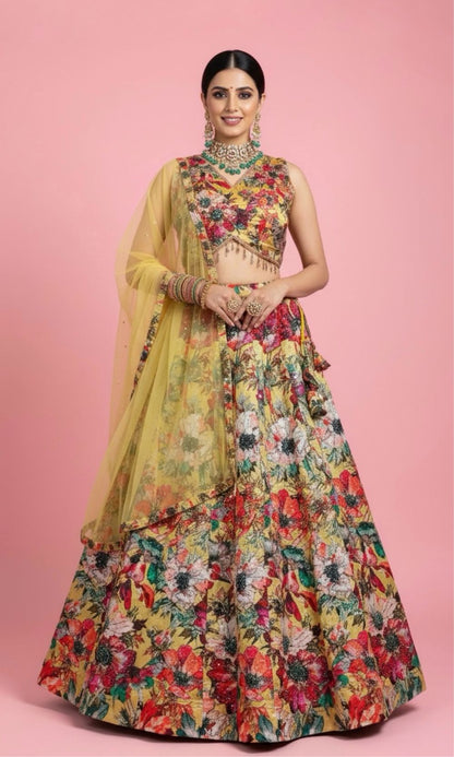 Golden Yellow Floral Print Lehenga Set