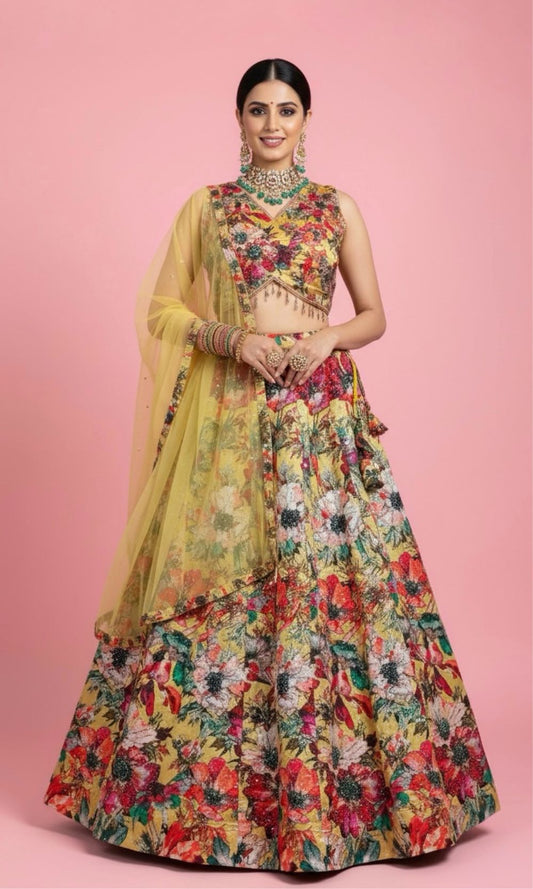 Golden Yellow Floral Print Lehenga Set