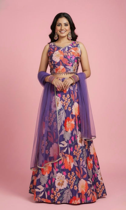 Violet Floral Print Lehenga Set