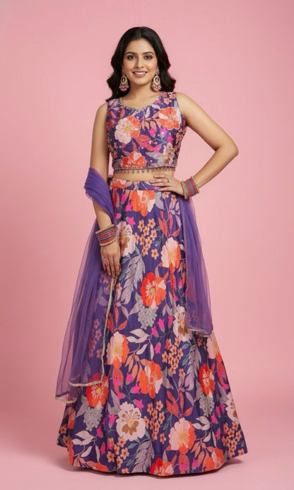 Violet Floral Print Lehenga Set