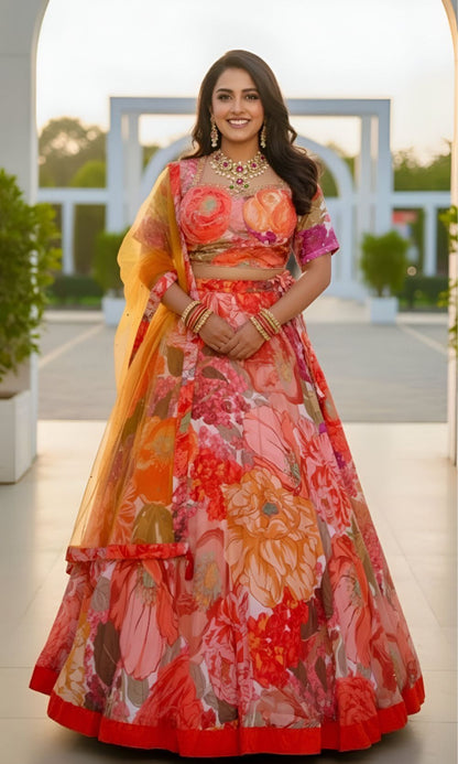 Orange Floral Lehenga Set