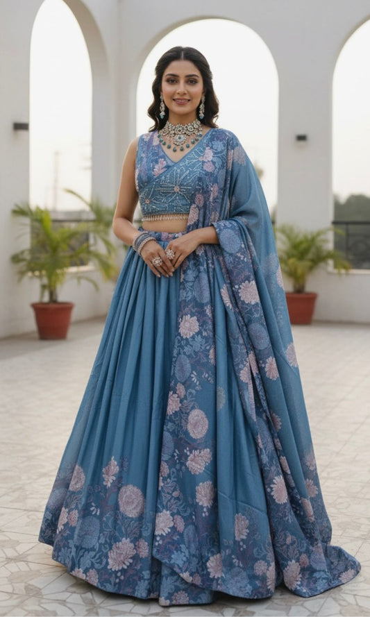 Light-Blue Floral Pleated Lehenga Set