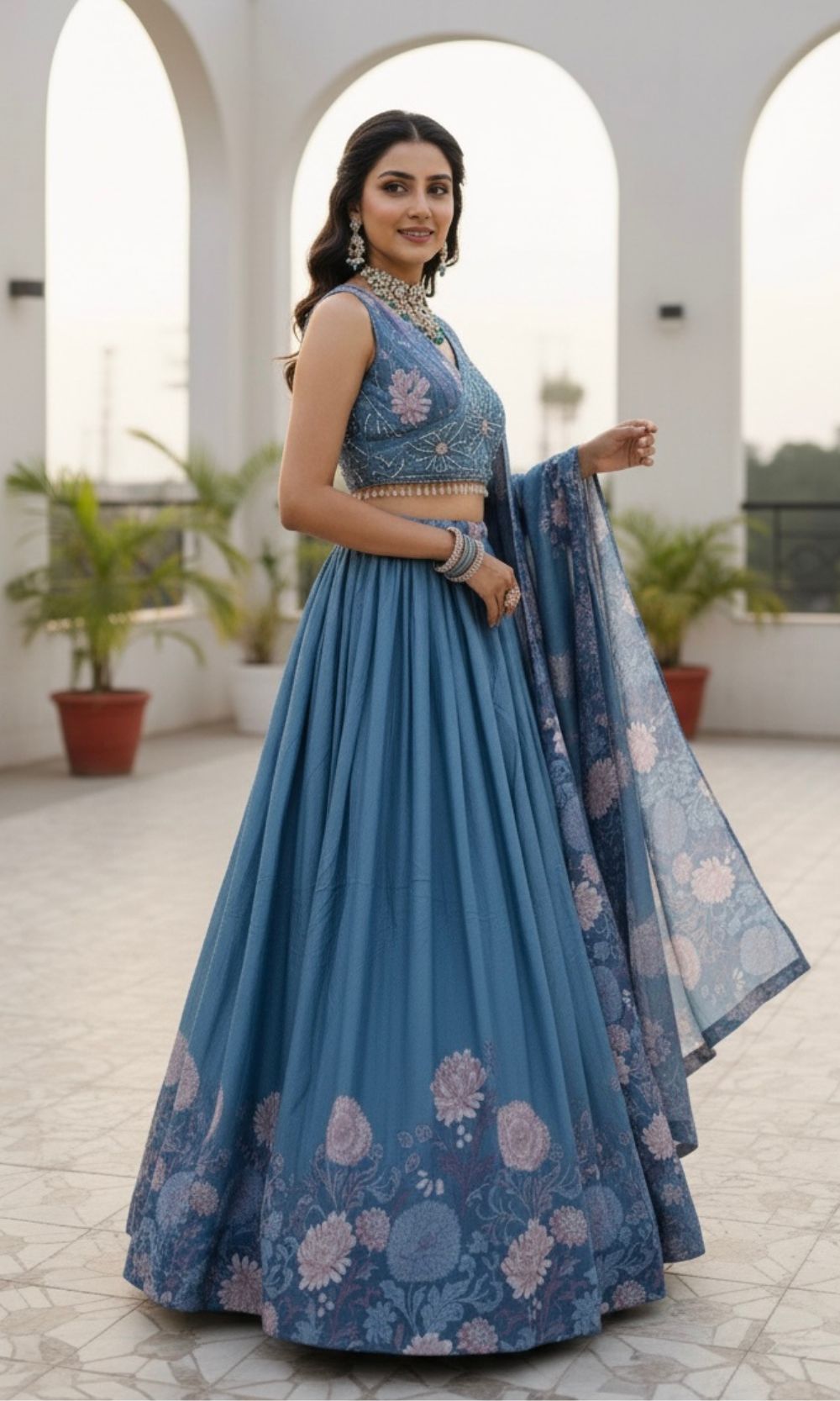 Light-Blue Floral Pleated Lehenga Set