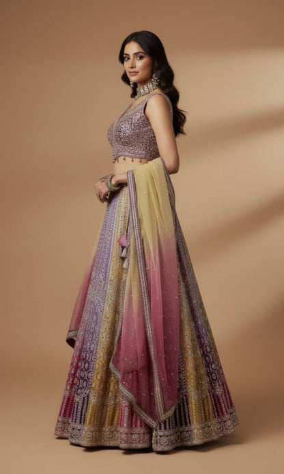Lavender Multi-Colour Embroided Lehenga Set