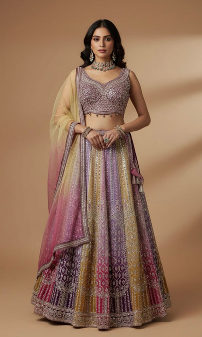 Lavender Multi-Colour Embroided Lehenga Set