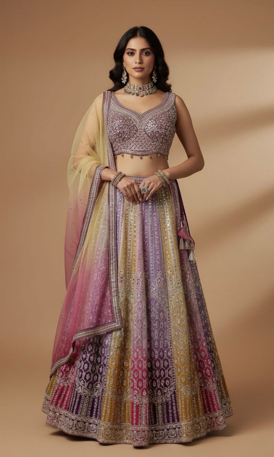 Lavender Multi-Colour Embroided Lehenga Set