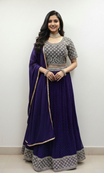 Violet-Gold Sequin Embroided Lehenga set