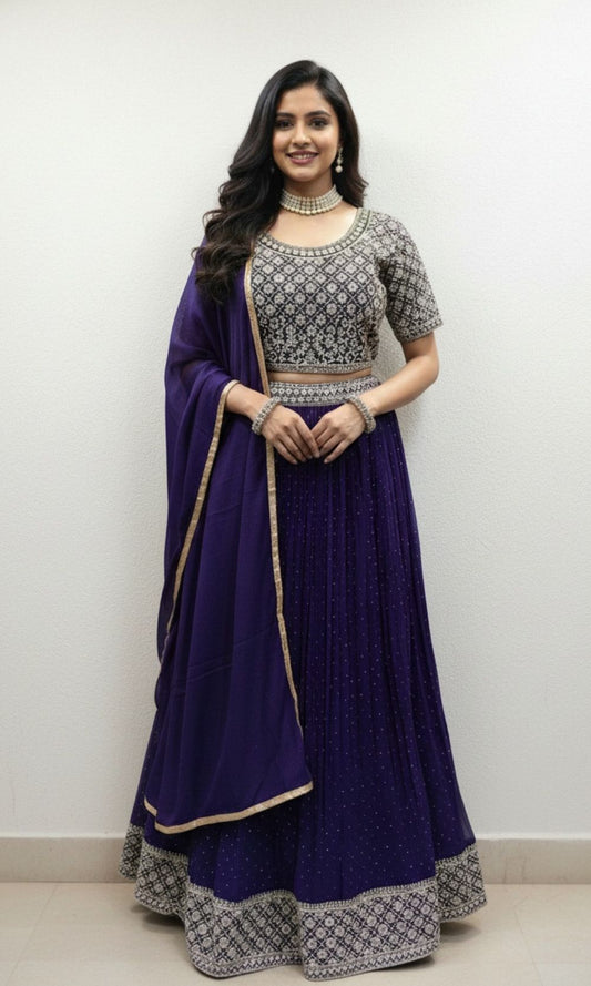Violet-Gold Sequin Embroided Lehenga set