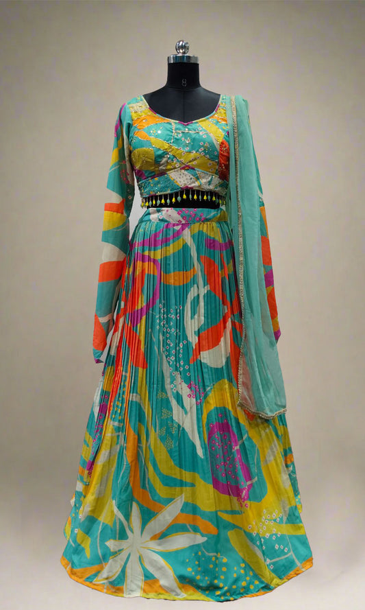 Turquoise Blue Multi-Colour Pleated Lehenga Set