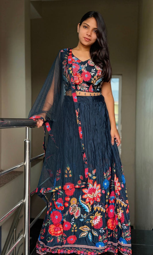 Dark- Blue Pleated Floral Lehenga Set