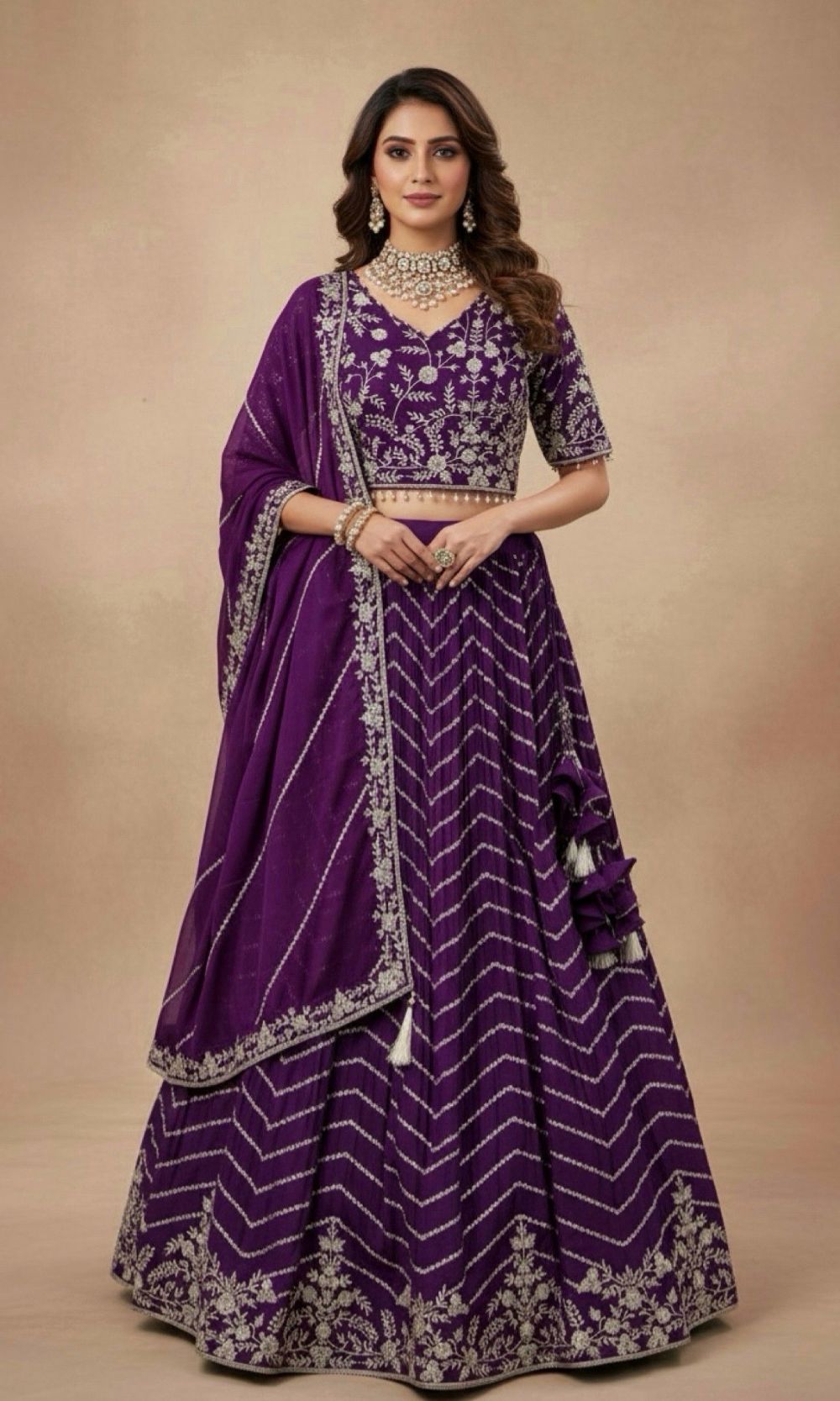 Violet Georgette Embroided Lehenga Set