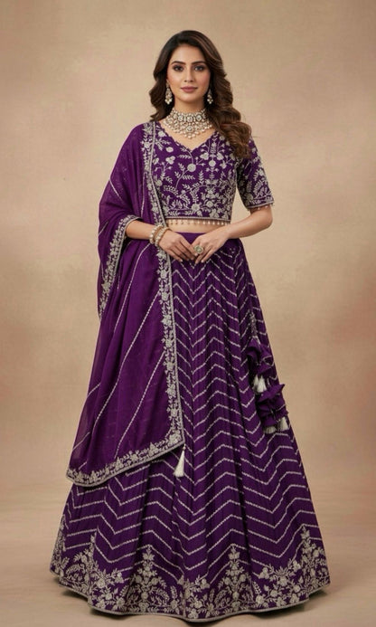 Violet Georgette Embroided Lehenga Set