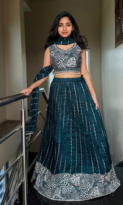 Dark-Green Embroided Lehenga Set
