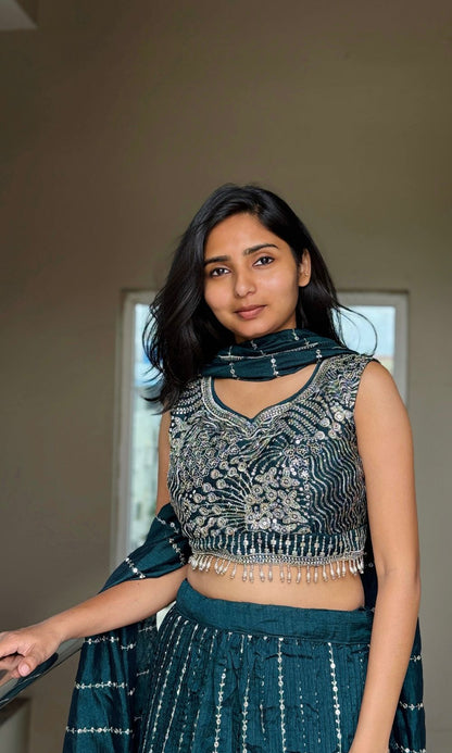 Dark-Green Embroided Lehenga Set