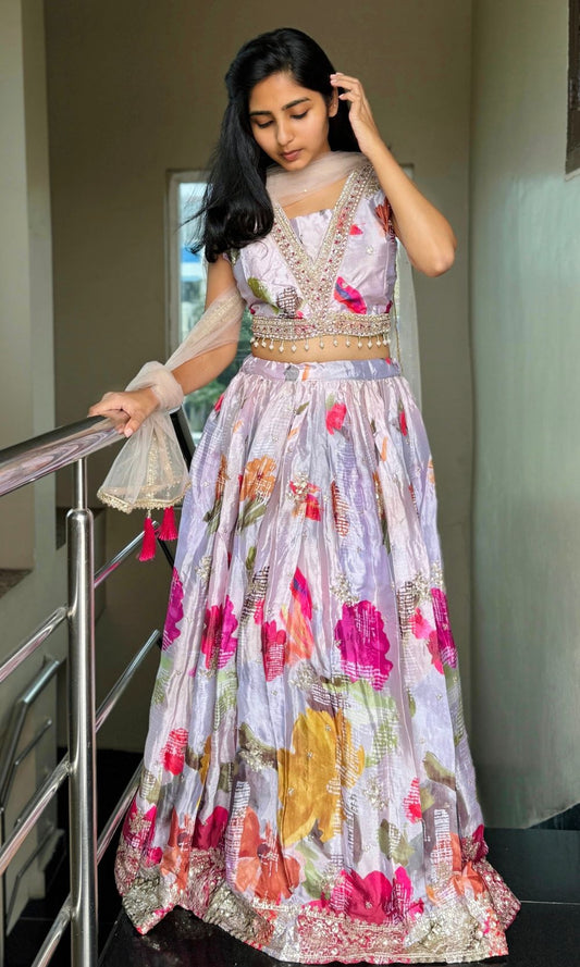 Muted Off-White Multi-Colour Pleated Lehenga Set