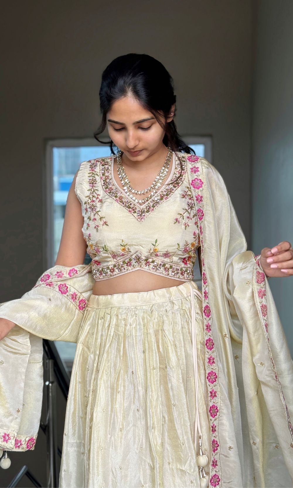 Pearl-White Floral Embroidered Lehenga Set