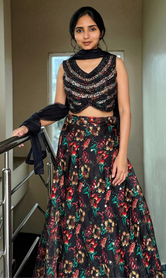 Black Floral Organza Sequin Lehenga Set