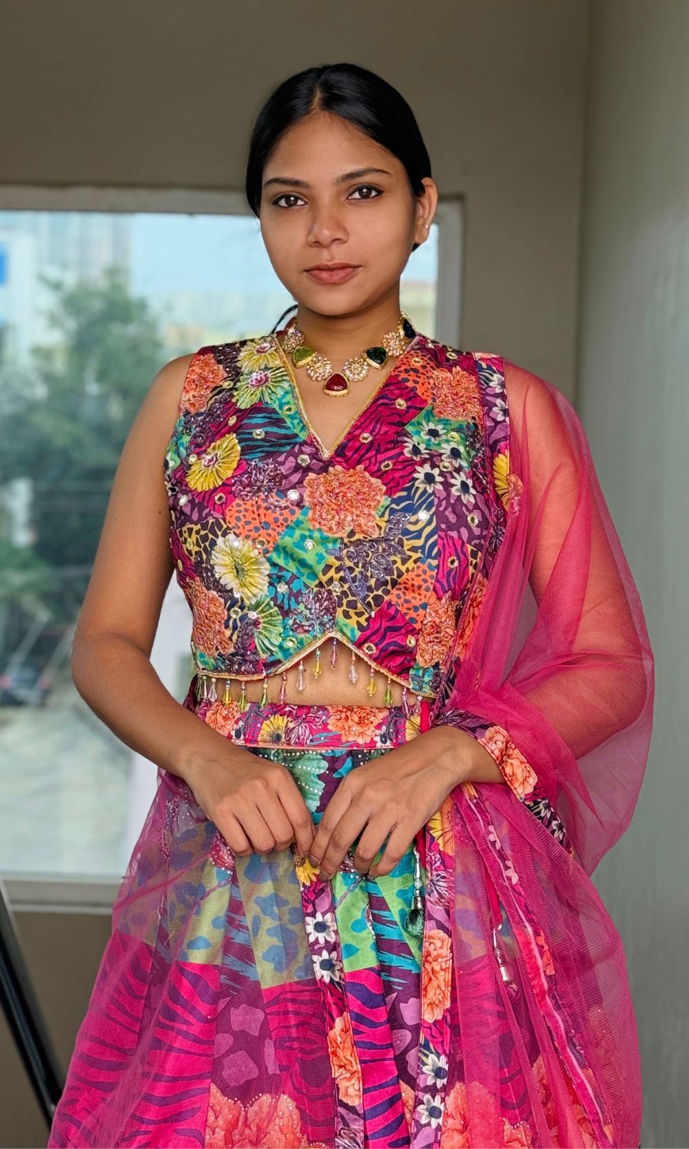 Multi-Colour Floral Animal Print Lehenga Set